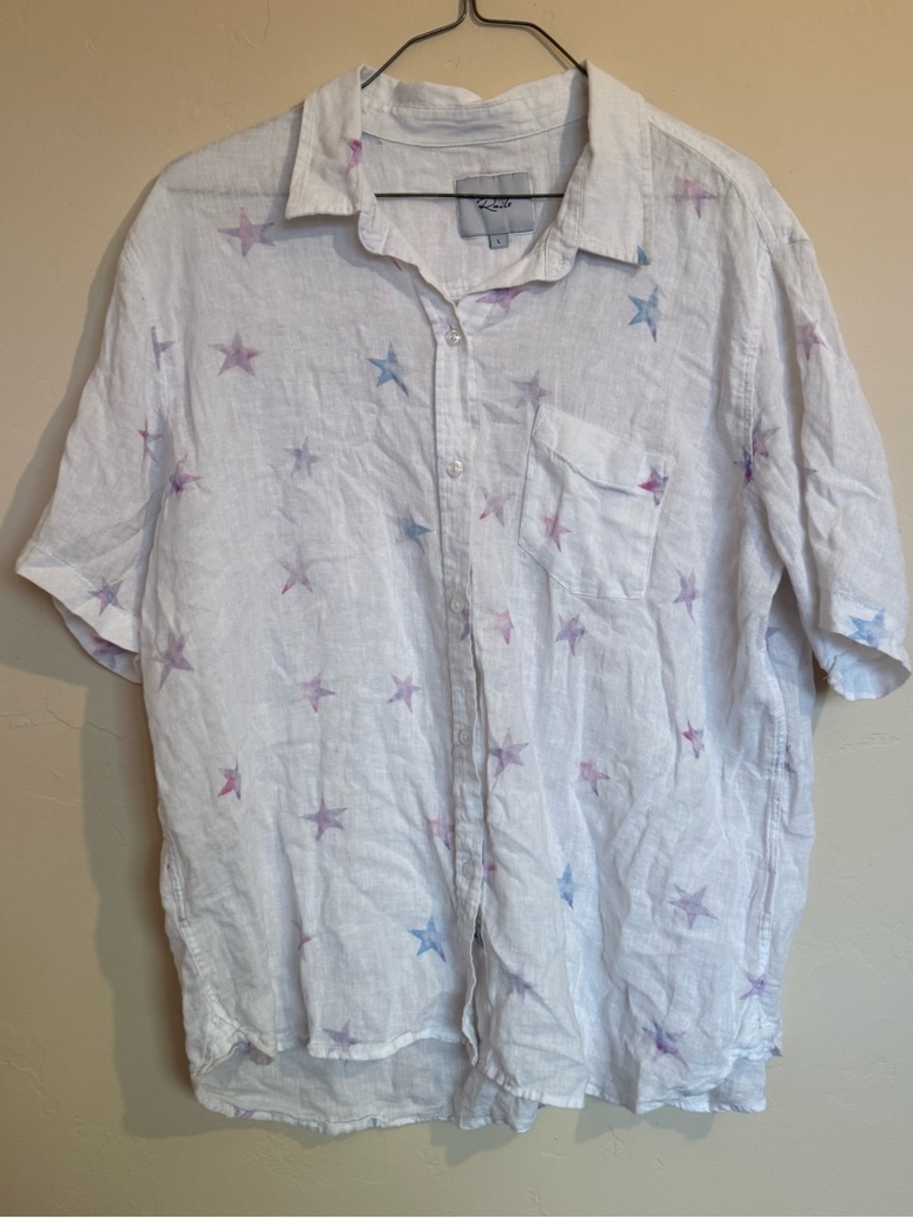 Rails White Linen Blend Charli Button-Down Shirt with Pastel Star Print Size L